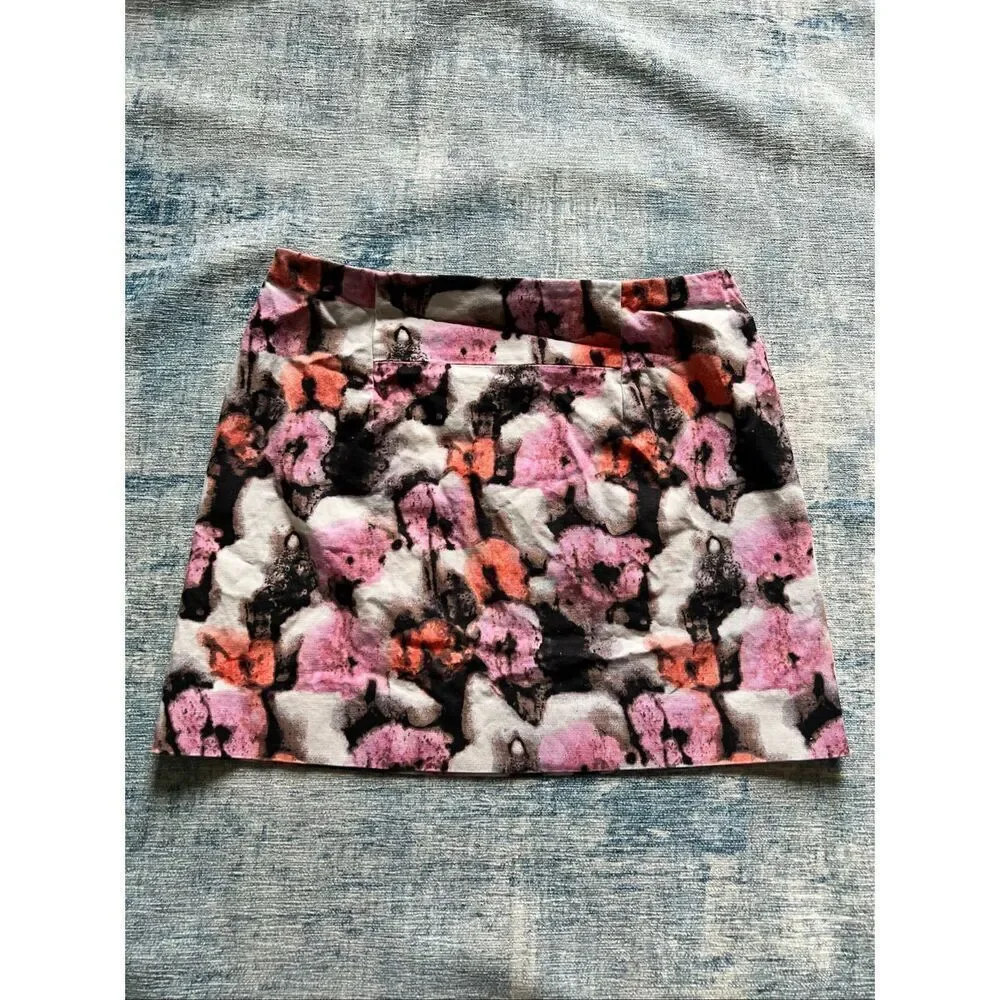 J Crew Pink Orange Watercolor Floral Mini Skirt Size 0 - Picture 2 of 5